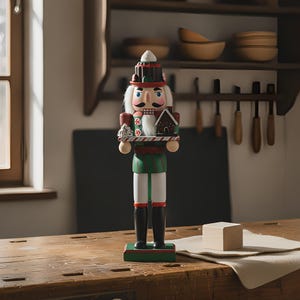 Può includere: Una statuetta schiaccianoci in legno che indossa un'uniforme verde e rossa con un cappello abbinato. La figura presenta capelli bianchi e baffi, regge un piccolo vassoio con una casetta di pan di zenzero e un albero su base verde.