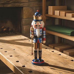 Könnte beinhalten: Eine hölzerne Nussknacker-Figur mit goldener Krone und einer blau-weiß-roten Uniform mit Rautenmuster. Die Figur hat einen weißen Bart, einen schwarzen Schnurrbart und hält einen goldenen Stab. Sie steht auf einem runden blau-roten Sockel.