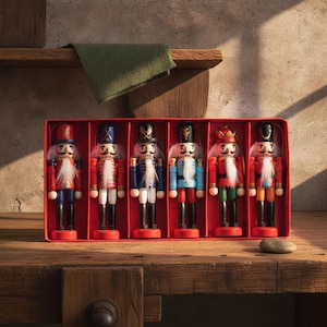 Puede incluir: Un conjunto de seis adornos de cascanueces de madera dispuestos en una caja expositora rectangular roja. Cada cascanueces presenta un uniforme único con detalles pintados, una barba de pelo sintético blanco y un lazo para colgar.