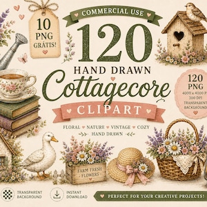Pode incluir: Uma coleção digital de 120 imagens clipart desenhadas à mão com temas cottagecore, incluindo um regador de metal, uma casa de pássaros, uma xícara de chá, livros empilhados, um pato, um chapéu de palha, uma cesta de vime e arranjos florais.