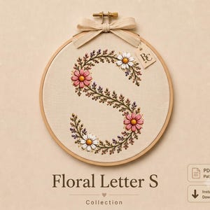 Floral Letter S Embroidery Pattern PDF | Wildflower Monogram | Hand Embroidery Pattern | Printable A4 Download | Beginner Friendly