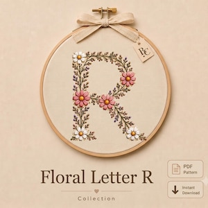 Floral Letter R Embroidery Pattern PDF | Wildflower Monogram | Hand Embroidery Pattern | Printable A4 Download | Beginner Friendly