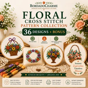 Pode incluir: Um anúncio digital para uma coleção de padrões de ponto cruz floral com 36 designs. A imagem exibe três bastidores de bordado e uma pequena almofada quadrada com motivos florais, juntamente com fios de bordar, tesouras e texto.