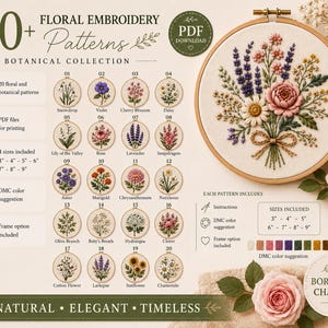 Pode incluir: Uma coleção digital de mais de 20 padrões de bordado floral com designs botânicos como lavanda, rosas e margaridas. A imagem mostra um bastidor de bordado circular com um buquê finalizado, uma lista de 20 padrões numerados e texto indicando download em PDF com tamanhos de 3 a 9 polegadas.