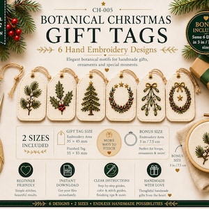 Pode incluir: Um padrão PDF digital para seis etiquetas de presente de Natal botânicas com desenhos de bordado à mão. A imagem exibe seis etiquetas bordadas com motivos festivos, incluindo pinheiro, azevinho, uma árvore e guirlandas, com texto e medidas.
