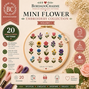 20 Mini Flower Embroidery Pattern Bundle with Video Tutorial | Beginner Floral Hand Embroidery PDF | DIY Craft Gift | Clothing Upcycle