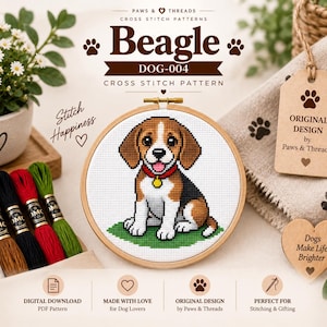 Puede incluir: Un patrón de punto de cruz con un cachorro beagle en un bastidor de madera. El diseño incluye el texto Beagle DOG-004, Stitch Happiness, Original Design by Paws & Threads y Dogs Make Life Brighter, junto a cinco madejas de hilo de bordar.