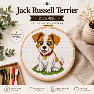 Pode incluir: Um padrão de ponto cruz com um cão Jack Russell Terrier num bastidor de madeira. O design mostra um cachorro branco e castanho com coleira vermelha e medalha amarela sentado sobre relva verde. O texto inclui Jack Russell Terrier DOG-020.