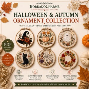 Pode incluir: Uma coleção de seis bastidores de bordado circulares com designs de Halloween e outono, incluindo um chapéu de bruxa, abóbora, fantasma, gato preto, teia de aranha e folhas. O texto diz BORDADOCHARME HALLOWEEN & AUTUMN ORNAMENT COLLECTION.