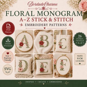 Floral Monogram Embroidery Pattern A-Z, Stick & Stitch Alphabet PDF, Beginner Friendly, 8 cm Letters