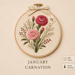 January Birth Flower Embroidery Pattern PDF, Carnation Hand Embroidery Pattern, Beginner Floral Embroidery, Instant Download, DMC Guide
