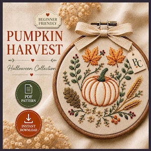 Pumpkin Harvest Embroidery Pattern PDF Fall Decor Autumn Floral Hoop Art Thanksgiving DIY Craft Gift Beginner Friendly Instant Download