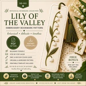 Puede incluir: Un patrón de bordado digital titulado Lily of the Valley Botanical Bookmark Collection, que presenta un marcapáginas de tela color crema con bordado de lirios del valle verdes, una borla verde oscuro y un diseño de etiqueta de regalo a juego.