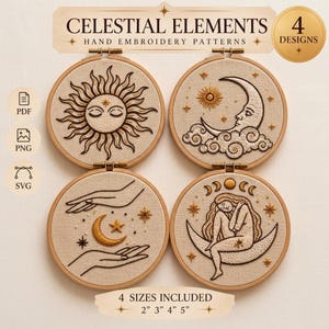 Puede incluir: Cuatro bastidores de bordado circulares de madera con diseños celestiales sobre tela beige. Los patrones incluyen un sol con rostro, una luna creciente con nubes, manos sosteniendo una luna y estrella, y una figura sentada en una luna. Texto: CELESTIAL ELEMENTS, 4 DESIGNS, PDF, PNG, SVG, 2" 3" 4" 5".
