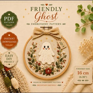 Friendly Ghost Hand Embroidery Pattern PDF Cute Halloween Design Autumn Floral Hoop Art Beginner DIY Craft Gift Instant Download