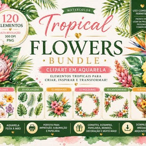 Pode incluir: Uma coleção digital de 120 elementos de flores e folhagens tropicais em aquarela, incluindo 50 flores, 30 folhas, 15 arranjos, 10 molduras, 10 cantoneiras e 5 buquês. O conjunto gráfico apresenta hibiscos, proteas e folhas de palmeira.