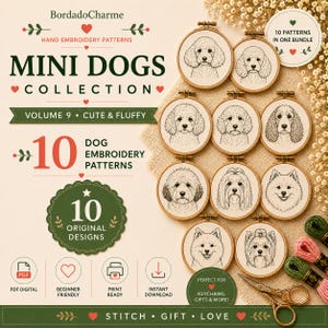 Pode incluir: Uma coleção digital de 10 padrões de bordado à mão intitulada Mini Dogs Collection Volume 9. A imagem exibe 10 bastidores de madeira circulares, cada um com um retrato de cão em linhas pretas, junto com fios de bordar e tesouras.