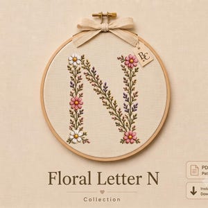 Floral Letter N Embroidery Pattern PDF | Wildflower Monogram | Hand Embroidery Pattern | Printable A4 Download | Beginner Friendly