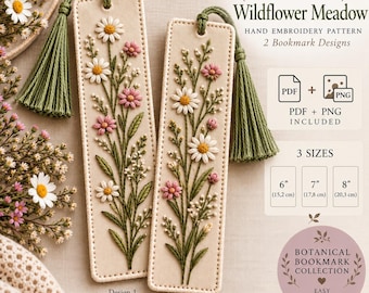 May include: Two rectangular fabric bookmarks featuring hand embroidery of white daisies and pink wildflowers with green stems. Each bookmark has a green tassel and is labeled with sizes 6, 7, and 8 inches. Text includes BC-BM-003 Wildflower Meadow.