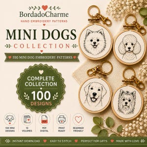 Pode incluir: Uma coleção digital de 100 padrões de bordado de cães pequenos da BordadoCharme, com quatro bastidores circulares de madeira com retratos de cães bordados, incluindo um Lulu da Pomerânia, Poodle, Labrador e Yorkshire, com texto e ícones.