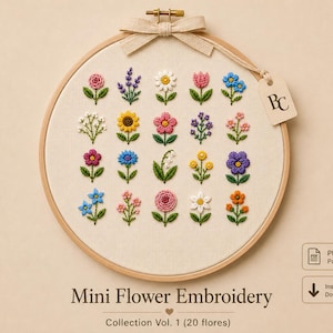 Pode incluir: Um bastidor de bordado circular de madeira contendo um tecido cor de creme com vinte pequenas flores bordadas coloridas dispostas em uma grade. Um laço de fita bege está amarrado no topo e uma etiqueta com as letras BC está presa.