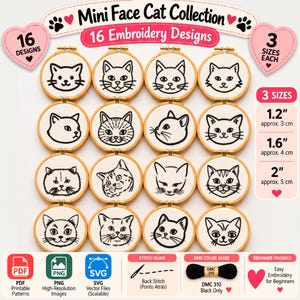 Pode incluir: Uma coleção de 16 desenhos de bordado com vários rostos de gatos em bastidores de madeira circulares. O conjunto inclui três tamanhos: 1,2 polegadas (3 cm), 1,6 polegadas (4 cm) e 2 polegadas (5 cm). Inclui ficheiros PDF, PNG, SVG e guia.