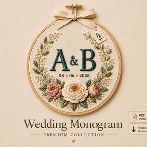 Wedding Monogram Embroidery Pattern Bundle, Botanical Alphabet A-Z Hand Embroidery PDF, Custom Floral Wedding Gift, Complete Collection