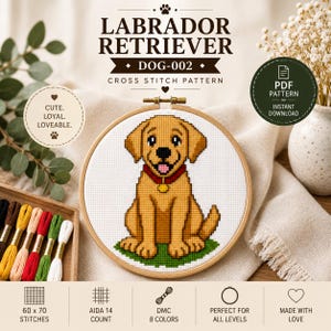 Pode incluir: Um padrão de ponto cruz com um filhote de Labrador Retriever dourado em um bastidor de madeira. O texto diz LABRADOR RETRIEVER DOG-002 CROSS STITCH PATTERN, CUTE. LOYAL. LOVEABLE. e PDF PATTERN INSTANT DOWNLOAD. Inclui 60 x 70 pontos, AIDA 14 count e 8 cores.