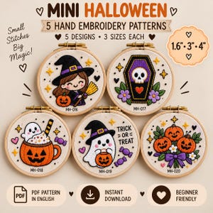 Pode incluir: Cinco bastidores de bordado circulares com designs de Halloween: uma bruxa com abóbora, uma caveira num caixão, um fantasma numa caneca de abóbora, um fantasma com abóbora e três abóboras. O texto inclui Mini Halloween, 5 padrões de bordado à mão, 1,6-3-4 polegadas e Trick or Treat.