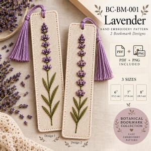 Lavendelbroderibokmärkesmönster, blommigt bokmärke, handbroderi PDF PNG, 2 designer, botanisk bokälskarepresent