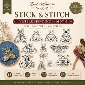 May include: A digital PDF pattern for visible mending featuring 12 moth designs. The image displays various black and white moth illustrations, an embroidery hoop with a stitched moth on blue fabric, and embroidery floss in neutral tones.