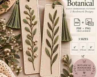 May include: Two rectangular fabric bookmarks featuring green embroidered botanical stems and white berries, each topped with a green tassel. Text includes BC-BM-004 Botanical Hand Embroidery Pattern, PDF + PNG Included, and 3 sizes: 6, 7, and 8 inches.