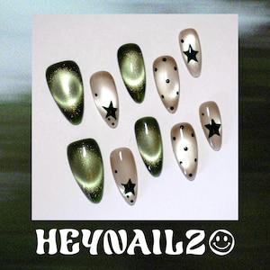 Olive Green Cat Eye Press On Nails, Autumn Almond Nail Set with Star Details