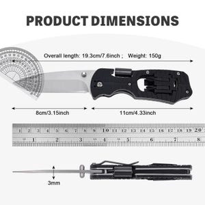 May include: A black and silver multi-tool knife with a partially serrated blade. The overall length is 7.6 inches, and the blade is 3.15 inches long. The knife includes a set of screwdriver bits and weighs 150 grams.