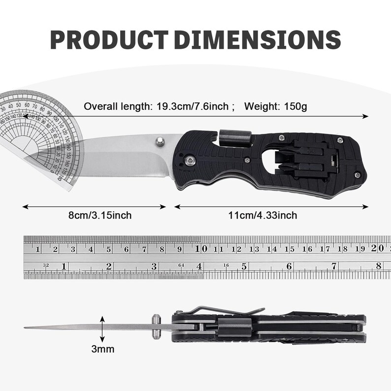 May include: A black and silver multi-tool knife with a partially serrated blade. The overall length is 7.6 inches, and the blade is 3.15 inches long. The knife includes a set of screwdriver bits and weighs 150 grams.