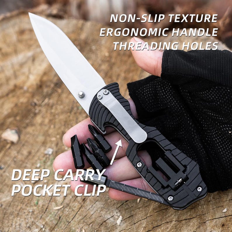 May include: A black multi-tool knife with a silver blade and a pocket clip. The knife has a non-slip texture and an ergonomic handle. The text on the image reads: "NON-SLIP TEXTURE, ERGONOMIC HANDLE, THREADING HOLES, DEEP CARRY POCKET CLIP."