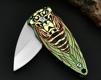 Cicada D2 Steel Folding Pocket Knife Fathers Day Gift Mini EDC Keychain Utility Knife For Dad Camping Hiking Gift for Father