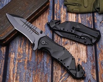 Black Tactical Style Folding Knife with Glass Breaker Rope Cutter 7Cr17Mov Stainless Steel EDC Pocket Knife Fathers Day Gift for Dad Outdoor