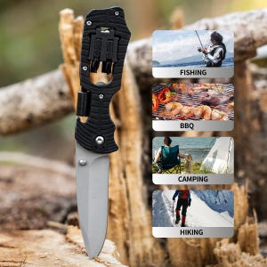 May include: A black and silver multi-tool knife with a textured handle. The knife has a blade and a set of tools. The image includes icons for fishing, BBQ, camping, and hiking, suggesting its versatility for outdoor activities.