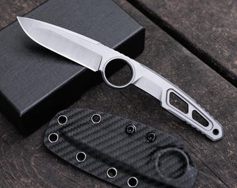 Ring Handle Neck Knife with Carbon Fiber Sheath Fixed Blade EDC Knife for Men Everyday Carry Gift