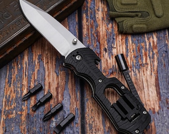 This multi-functional folding knife combines a sharp blade with 4 screwdriver bits (PH1, PH2, flat 5/7mm), perfect Gift for Father