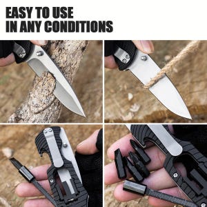May include: A multi-tool knife with a black and silver design. The knife is shown in use, cutting wood and rope. The text "EASY TO USE IN ANY CONDITIONS" is displayed at the top of the image. Includes various screwdriver bits.