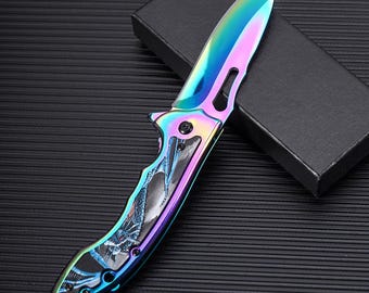 Rainbow Dragon Folding Pocket Knife, EDC Utility Tool for Camping and Daily Use, Unique Gift for Husband, Boyfriend, Men Gift for Father