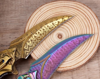 Rainbow & Gold Damascus-style Karambit Folding Knife, EDC Utility Tool for Camping , Daily Use, Unique Gift for Men Gift for Father