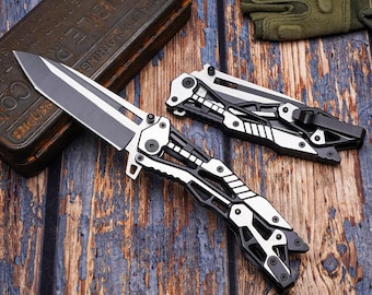 Mechanical Style Folding Pocket Knife with Hollow Out Handle Stainless Steel Blade EDC Utility Knife Fathers Day Gift for Dad Outdoor
