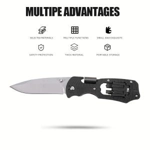 May include: A black and silver folding knife with a stainless steel blade. The handle is black with a textured grip. The image includes the text "MULTIPE ADVANTAGES" and icons describing features like "SELECTED MATERIALS" and "PORTABLE STORAGE."
