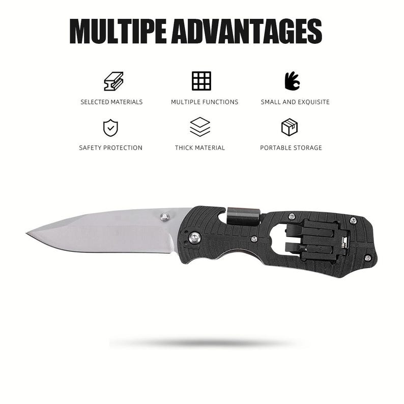 May include: A black and silver folding knife with a stainless steel blade. The handle is black with a textured grip. The image includes the text "MULTIPE ADVANTAGES" and icons describing features like "SELECTED MATERIALS" and "PORTABLE STORAGE."