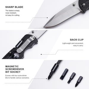May include: A close-up of a folding knife with a silver blade and black handle. The text "SHARP BLADE" and "BACK CLIP" are visible. The knife includes a magnetic screwdriver bit socket with four bits.