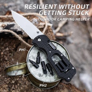 May include: A black and silver multi-tool knife with a partially open blade and several small black screwdriver bits. The text "RESILIENT WITHOUT GETTING STUCK OUTDOOR CAMPING HELPER" is displayed at the top of the image.