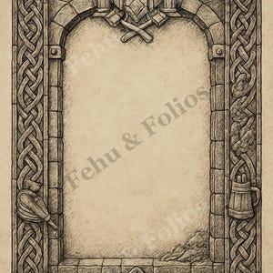 May include: Detailed pen and ink drawing of a stone archway with Celtic knotwork and Viking-inspired motifs. The frame features a central arch, brickwork, and decorative elements like a helmet, crossed axes, and a beer stein. The text "Fehu & Folios" is visible.
